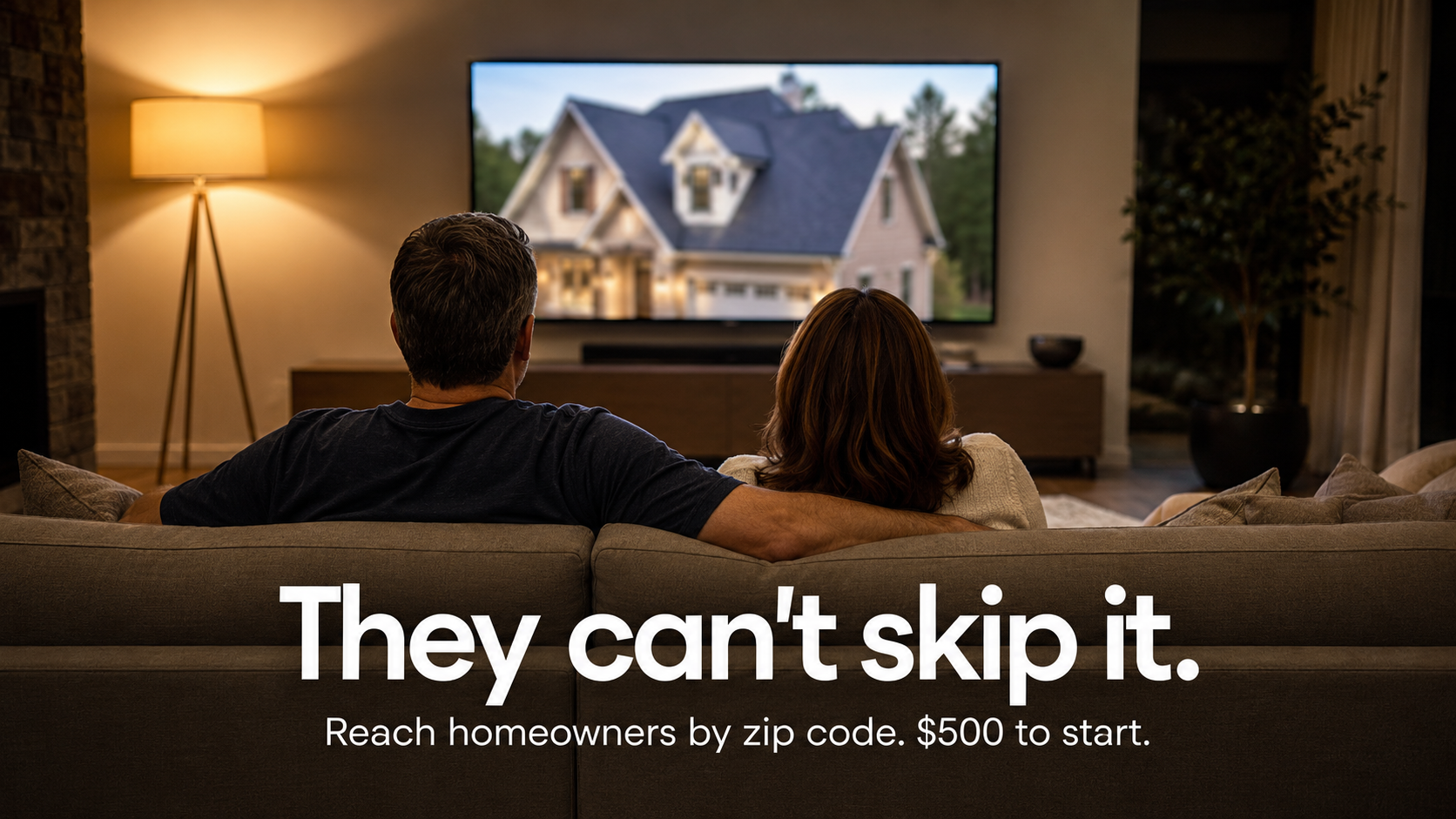 Homeowners watching a roofing commercial on connected TV in their living room